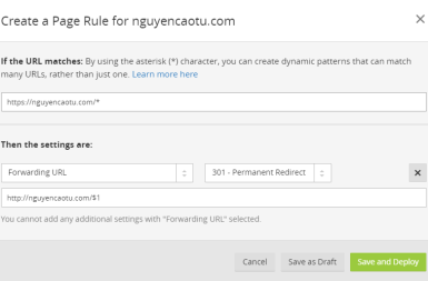 [CloudFlare] Cấu hình redirect 301 https to http với Page Rules