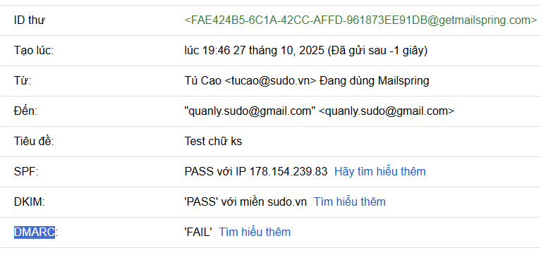 Hình ảnh báo DMARC bị Fai