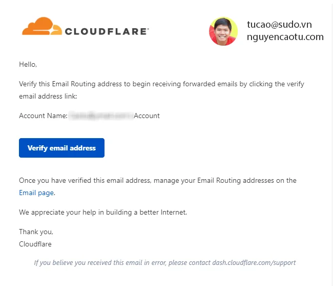 Cloudflare Verify Email Destination