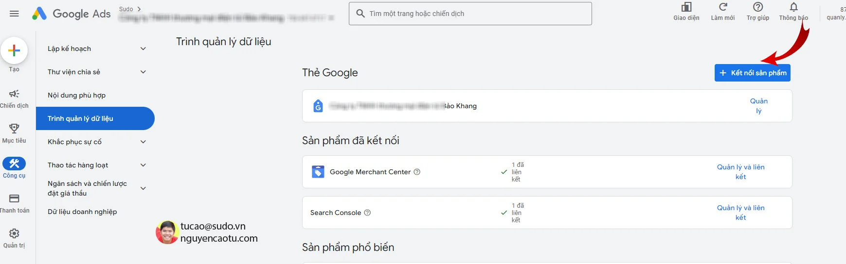 Click vào chữ Quản lý ở dưới mũi tên