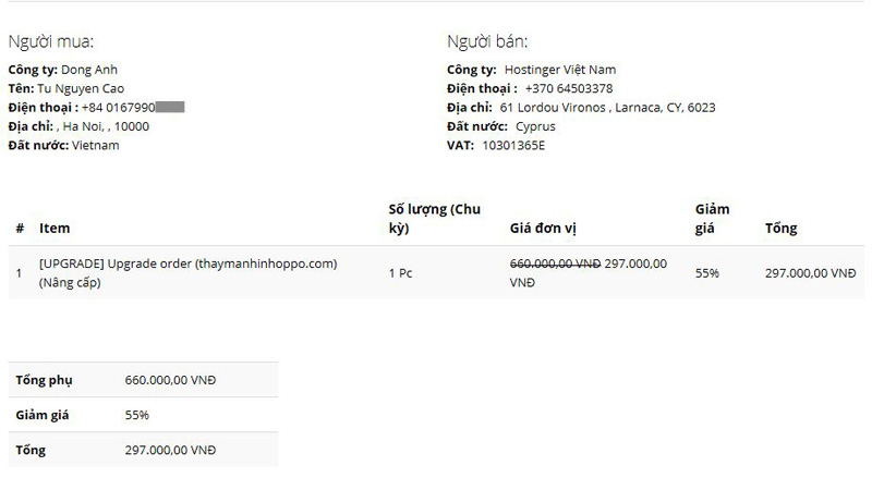 Hóa đơn thanh toán hostinger