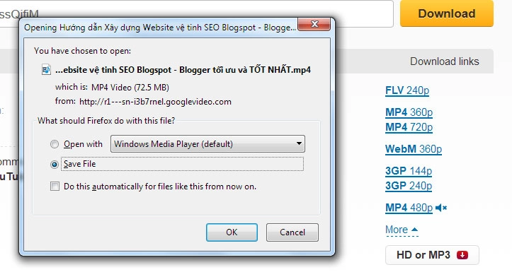 Bạn click vào chất lượng mình cần VD: MP4 720, và trình duyệt sẽ hỗ trợ bạn tải về Video.