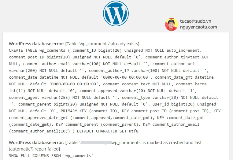 Kết quả hiển thị lỗi trên Wordpress