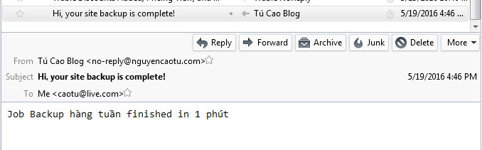 Email thông báo về cho Tú, Đã backup thành công. (Bạn nhớ check cả spam nhé)