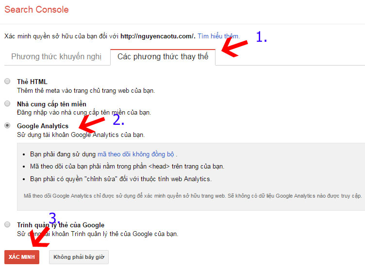 Xác minh Google Webmaster Tools sử dụng Google Analytics