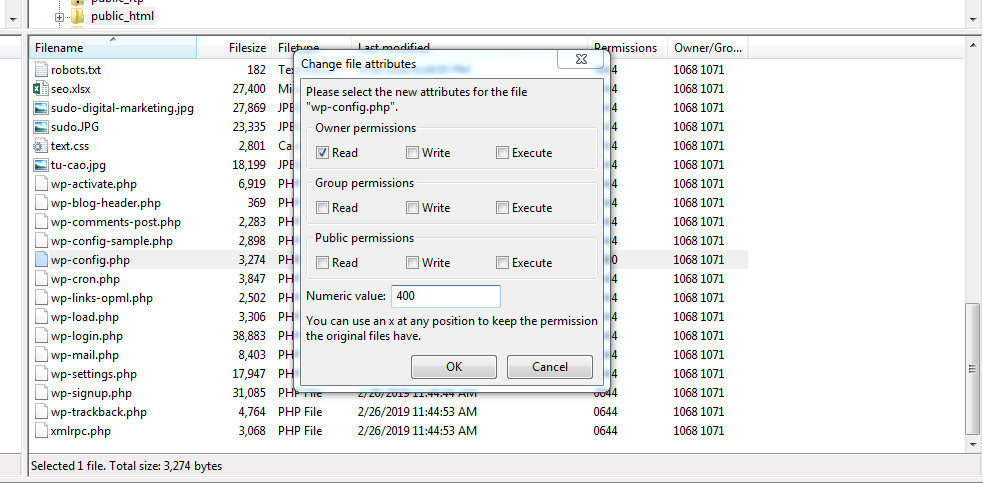 Chmod 400 cho file wp-config.php