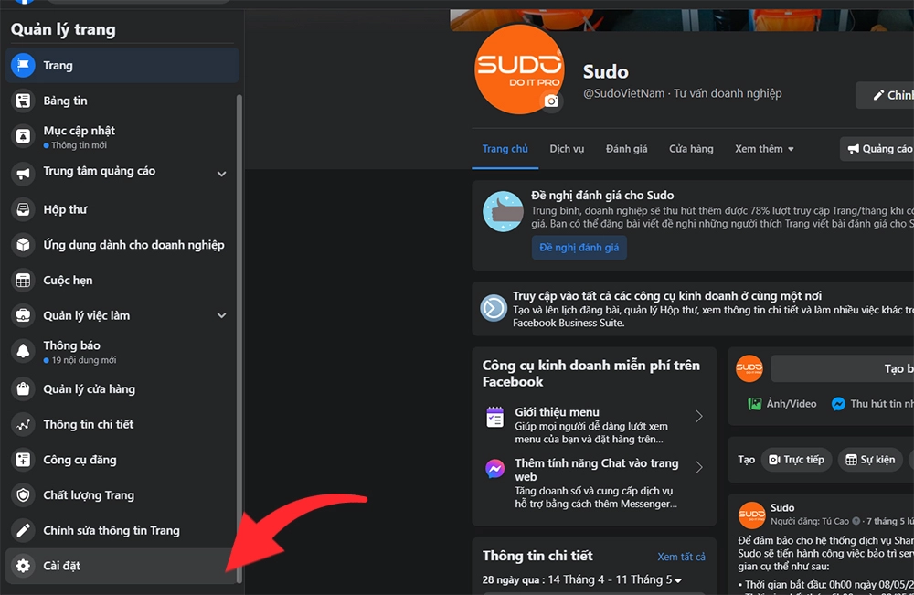 Bước 1: Vào Fanpage và nhấn vào Cài Đặt