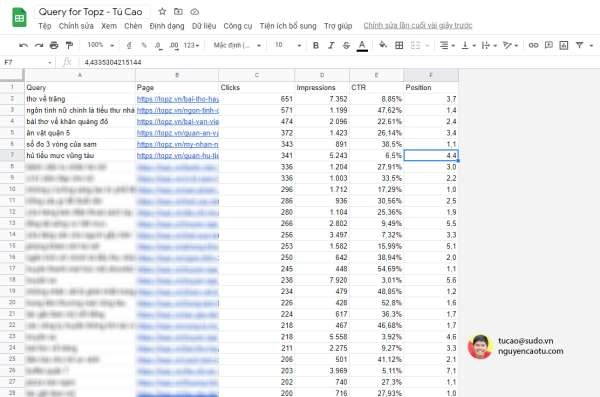 Lấy danh sách truy vấn (query) và trang đích (page) ra Excel từ Google Webmaster